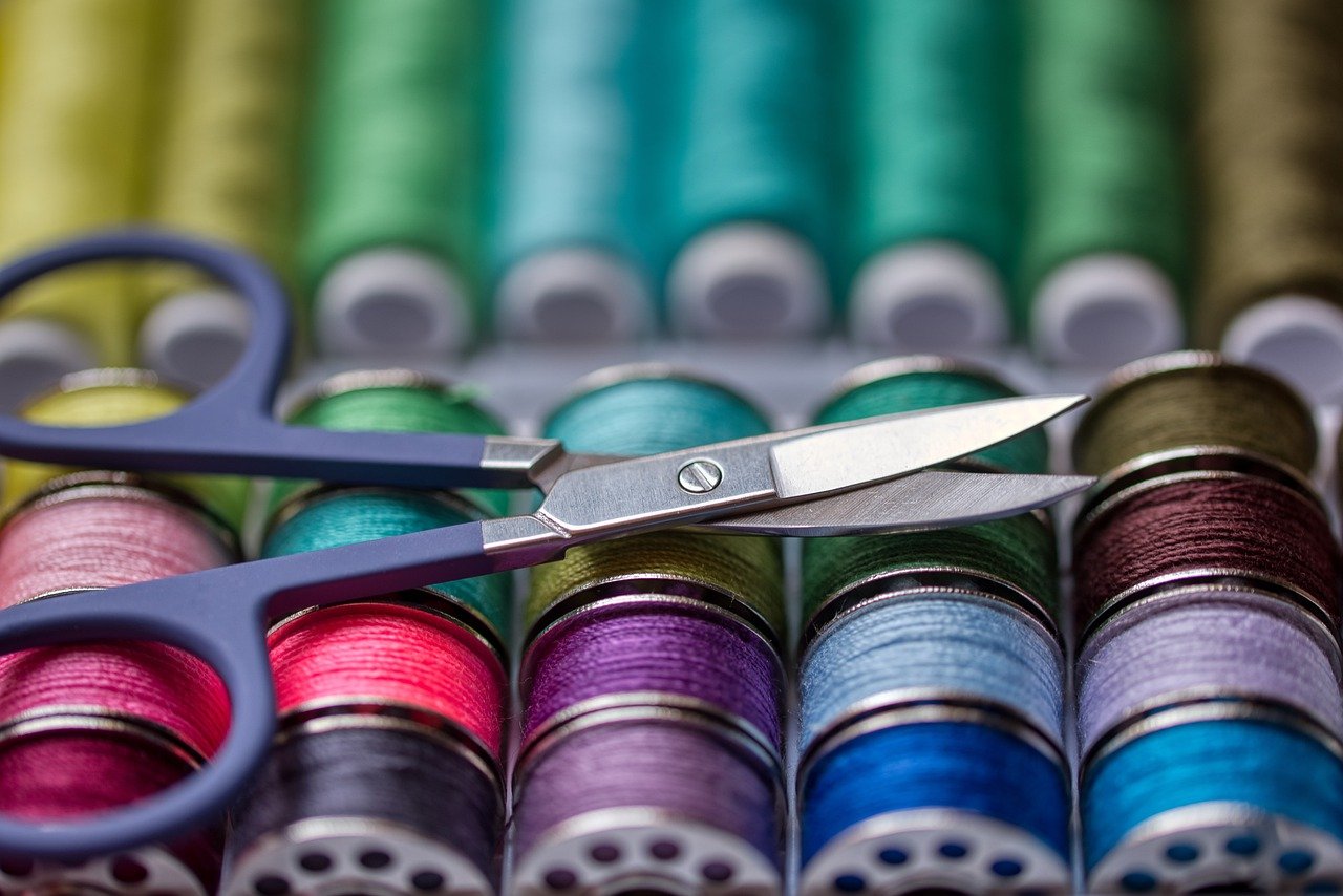 sewing kit, thread, scissors